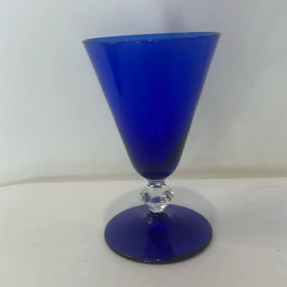 Cobalt Blue Glass Cordial Champagne Glass Diamond Stem 4 Oz Vintage Art Deco